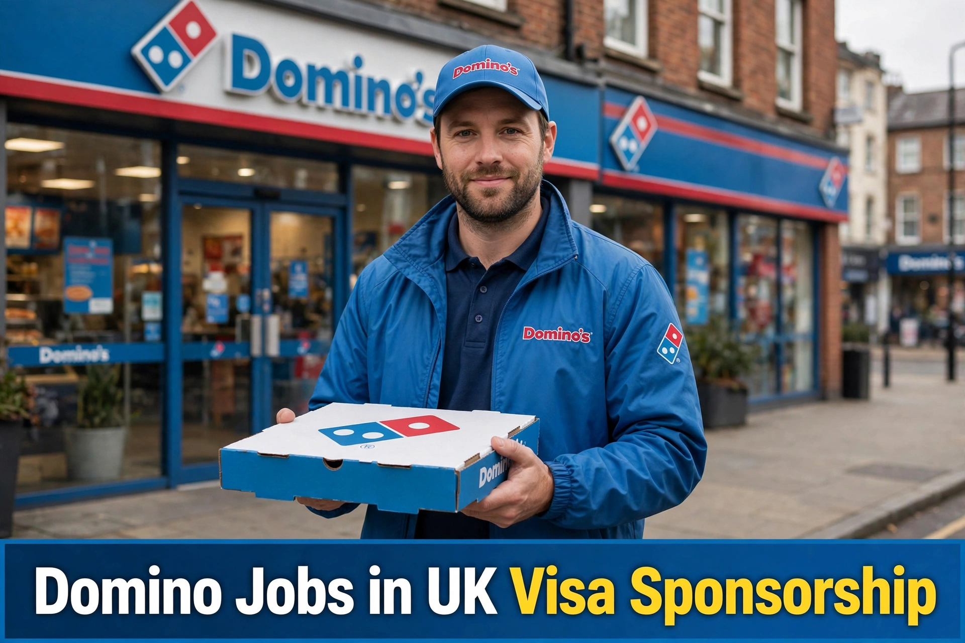 Domino Jobs in UK with Visa Sponsorship delivery driver holding pizza box in front of Domino's store