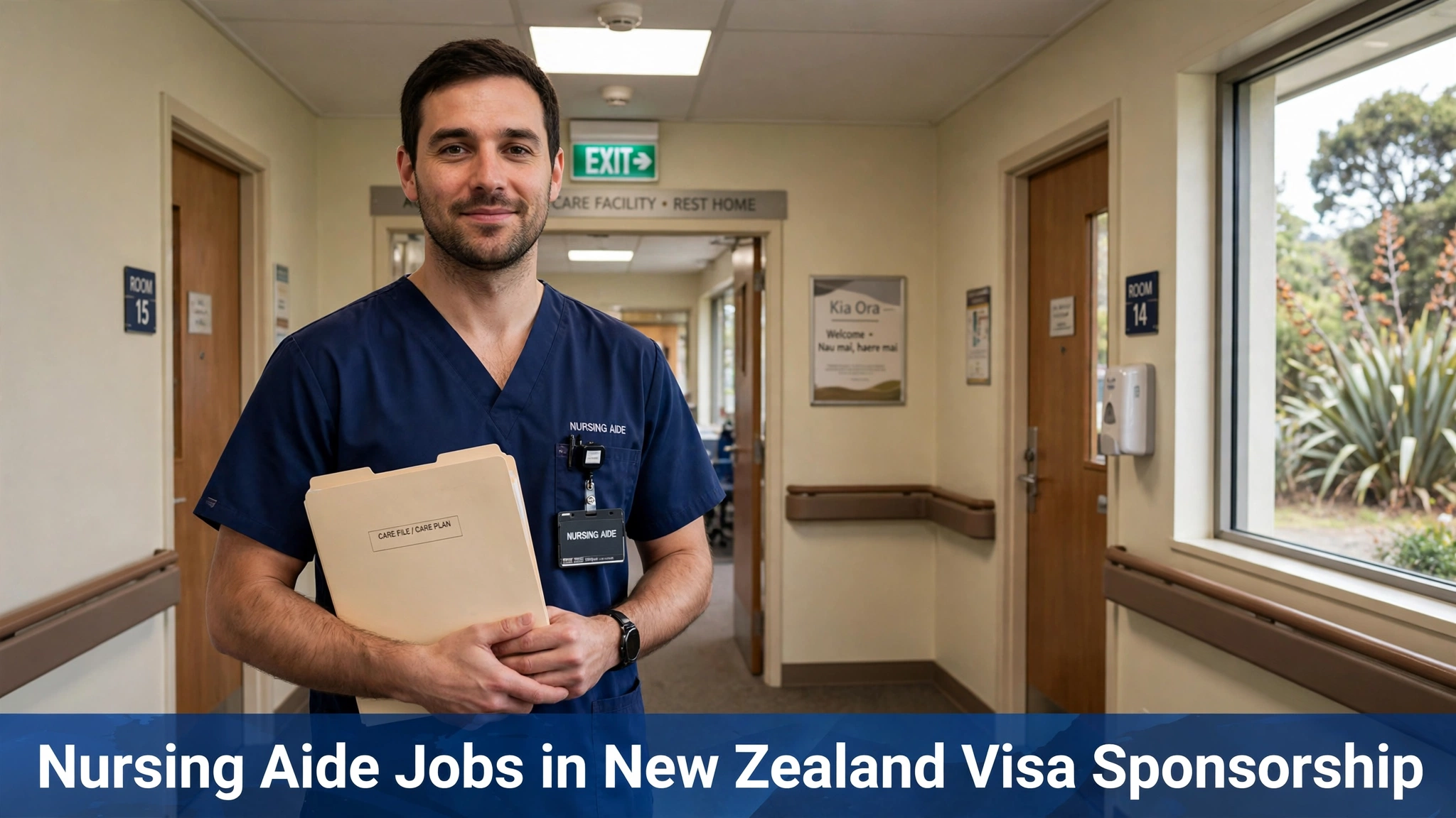 Nursing Aide Jobs in New Zealand male nursing aide holding a care file in a New Zealand aged-care facility corridor