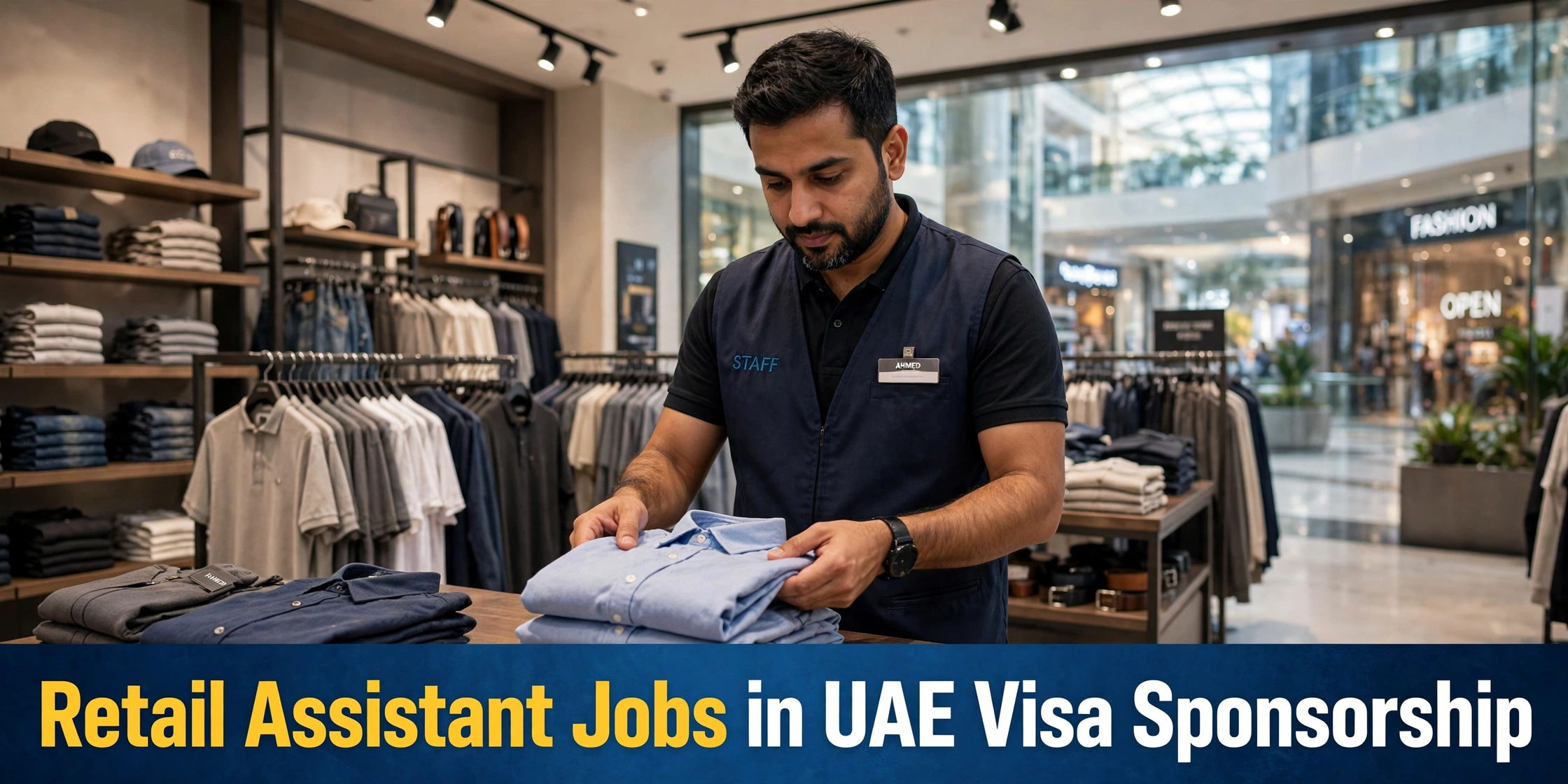 Retail Assistant Jobs in UAE with Visa Sponsorship male retail assistant folding clothes in a Dubai mall store